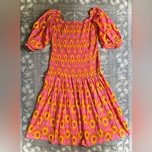 Zara Pink and Orange Puff Sleeve Smocked Boho Sundress
